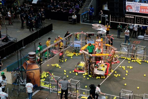 Hanging from the airship during a quarterfinal match at the Ontario District Championship