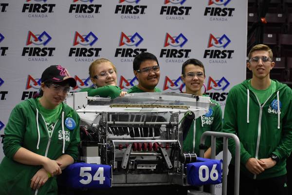 Our 2017 drive team. From left to right: Ryan B. (Drive Coach), Abby C. (Human Player), Robert-James C. (Operator), Lukas M. (Driver), and Luca R. (Human Player)