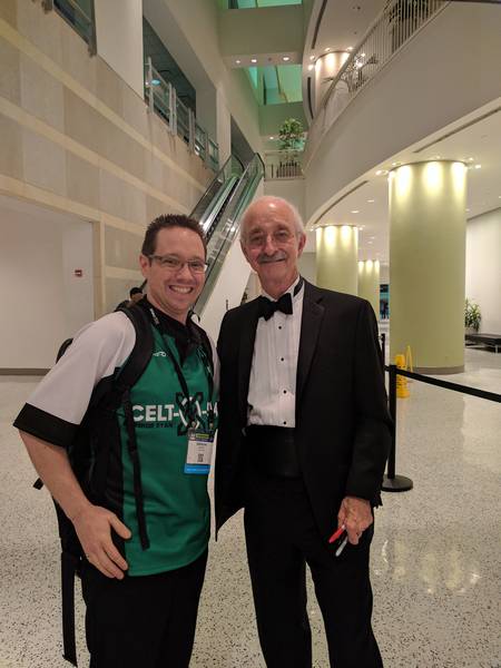 Our lead engineering mentor meeting Dr. Woodie Flowers at the FIRST Championship in St. Louis