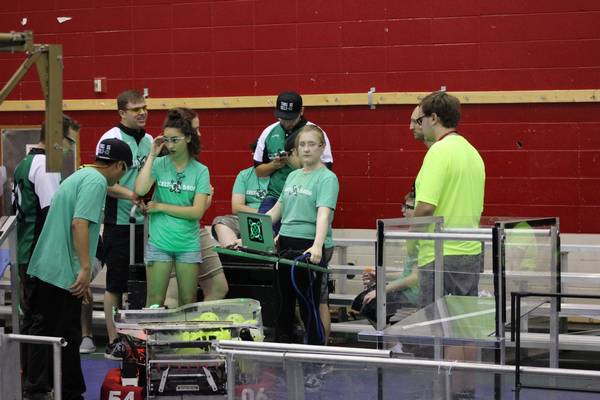 Queueing up for the practice field at the Indiana Robotics Invitational