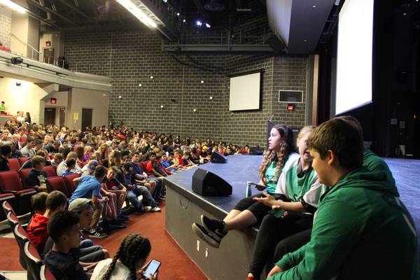 Presenting to a group of soon-to-be grade 9s at our school's Grade 9 Day