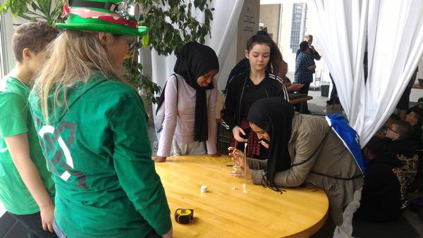 Facilitating the marshmallow challenge at the Hamilton Public Library CODEfest