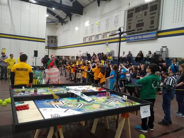 Entertaining the crowd at the HWCDSB FLL Qualifier with our 2017 robot, Oscar